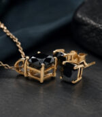 Cushion Diamond | Black Natural Diamond Pendant - Earring | Rose Gold Bridal Necklace - Image 3