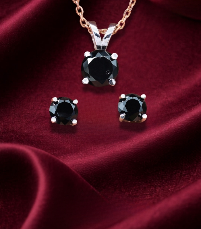 Diamond Pendant-Ear ring | Round Diamond | Black Diamond | Yellow Gold | Bridal Necklace