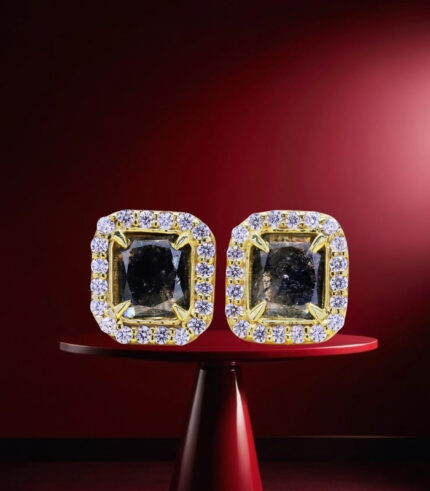 Yellow Gold Stud Earring | Emerald Diamond | Blue Diamond | Natural Diamond Earring