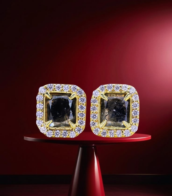Yellow Gold Stud Earring | Emerald Diamond | Blue Diamond | Natural Diamond Earring
