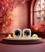 Yellow Gold Stud Earring | Emerald Diamond | Blue Diamond | Natural Diamond Earring - Image 2
