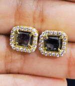 Yellow Gold Stud Earring | Emerald Diamond | Blue Diamond | Natural Diamond Earring - Image 4