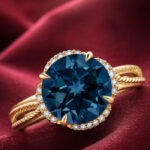 Yellow Gold London Blue Topaz Ring | Round Blue Topaz Split Shank Ring | Rope Pattern Cocktail Ring