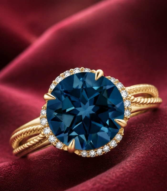 14K Yellow Gold London Blue Topaz Ring | Round Blue Topaz Split Shank Ring | Rope Pattern Cocktail Ring Yellow Gold London Blue Topaz Ring | Round Blue Topaz Split Shank Ring | Rope Pattern Cocktail Ring