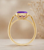 Yellow Gold Cushion Amethyst Ring | Bezel Set Purple Gemstone Ring | Vintage Milgrain Jewellery - Image 2