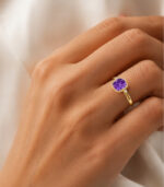 Yellow Gold Cushion Amethyst Ring | Bezel Set Purple Gemstone Ring | Vintage Milgrain Jewellery - Image 4