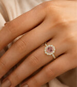 Yellow Gold Morganite Diamond Halo Ring | Vintage Style Scalloped Halo Ring | Gemstone Jewellery - Image 4
