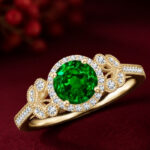 18K White Gold Emerald Diamond Halo Ring | Vintage Leaf & Vine Engagement Ring | Milgrain Jewellery