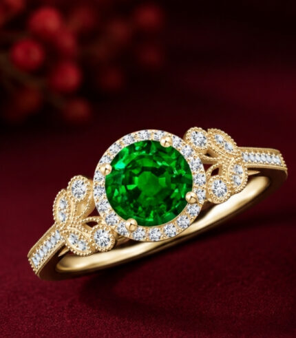 18K White Gold Emerald Diamond Halo Ring | Vintage Leaf & Vine Engagement Ring | Milgrain Jewellery