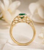18K White Gold Emerald Diamond Halo Ring | Vintage Leaf & Vine Engagement Ring | Milgrain Jewellery - Image 2