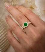 18K White Gold Emerald Diamond Halo Ring | Vintage Leaf & Vine Engagement Ring | Milgrain Jewellery - Image 4