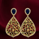 Yellow Gold Blue Sapphire Emerald Diamond Earrings | Mayura Inspired Designer Earrings | Fine Jewellery