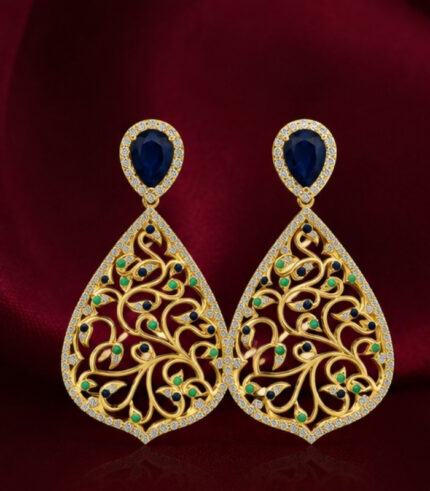 Yellow Gold Blue Sapphire Emerald Diamond Earrings | Mayura Inspired Designer Earrings | Fine Jewellery