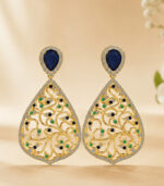 Yellow Gold Blue Sapphire Emerald Diamond Earrings | Mayura Inspired Designer Earrings | Fine Jewellery - Image 4