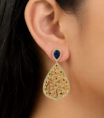 Yellow Gold Blue Sapphire Emerald Diamond Earrings | Mayura Inspired Designer Earrings | Fine Jewellery - Image 2