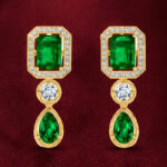 Yellow Gold Natural Emerald Diamond Drop Earrings | Imperial Designer Earrings | Luxury Gemstone Jewellery
