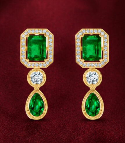 Yellow Gold Natural Emerald Diamond Drop Earrings | Imperial Designer Earrings | Luxury Gemstone Jewellery
