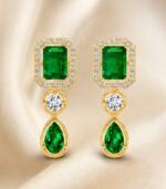 Yellow Gold Natural Emerald Diamond Drop Earrings | Imperial Designer Earrings | Luxury Gemstone Jewellery - Image 2