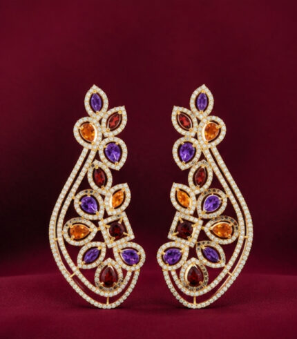 Yellow Gold Multi-Gemstone Diamond Earrings | Natural Gemstone Statement Earrings | Designer Fine Jewellery