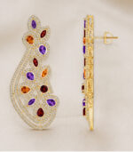 Yellow Gold Multi-Gemstone Diamond Earrings | Natural Gemstone Statement Earrings | Designer Fine Jewellery - Image 2