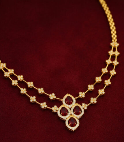 Yellow Gold Ruby Diamond Station Necklace | Four-Petal Natural Ruby Necklace | Designer Fine Jewellery