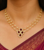 Yellow Gold Ruby Diamond Station Necklace | Four-Petal Natural Ruby Necklace | Designer Fine Jewellery - Image 4