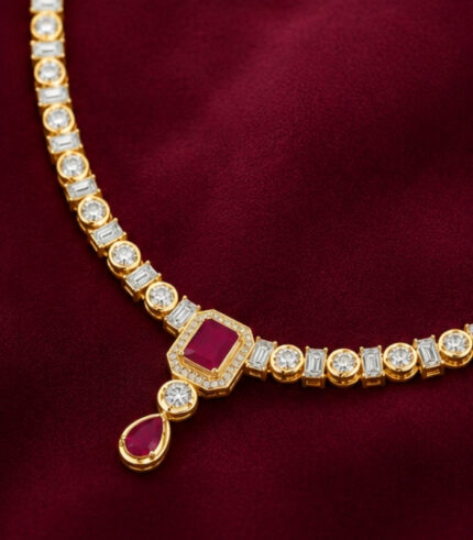 Yellow Gold Natural Ruby Diamond Necklace | Imperial Drop Designer Necklace | Luxury Gemstone Jewellery