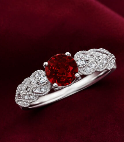 Yellow Gold Ruby Solitaire Engagement Ring | Vintage Style Ruby Ring | Milgrain Diamond Ring