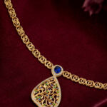 Yellow Gold Blue Sapphire Emerald Diamond Necklace | Mystic Mayura Designer Necklace | Luxury Gemstone Jewellery