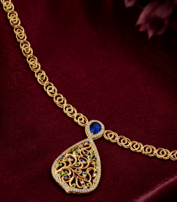 Yellow Gold Blue Sapphire Emerald Diamond Necklace | Mystic Mayura Designer Necklace | Luxury Gemstone Jewellery Yellow Gold Blue Sapphire Emerald Diamond Necklace | Mystic Mayura Designer Necklace | Luxury Gemstone Jewellery