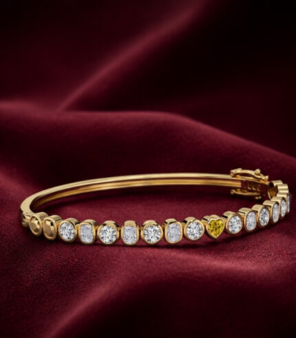 White Gold Lab-Grown Diamond Bangle | Yellow & White Diamond Bangle | Bezel-Set Multi-Shape Bangle