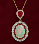 Yellow Gold Opal Ruby Diamond Pendant | Dancing Twilight Dangle Pendant | Vintage-Inspired Fine Jewellery