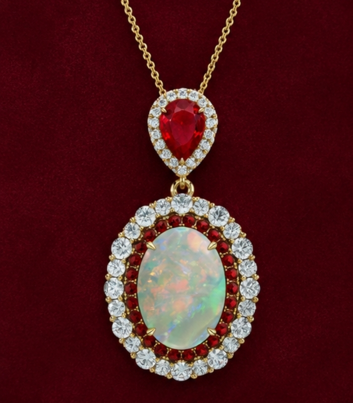 Yellow Gold Opal Ruby Diamond Pendant | Dancing Twilight Dangle Pendant | Vintage-Inspired Fine Jewellery