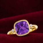 Yellow Gold Cushion Amethyst Ring | Bezel Set Purple Gemstone Ring | Vintage Milgrain Jewellery