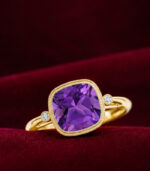 Yellow Gold Cushion Amethyst Ring | Bezel Set Purple Gemstone Ring | Vintage Milgrain Jewellery