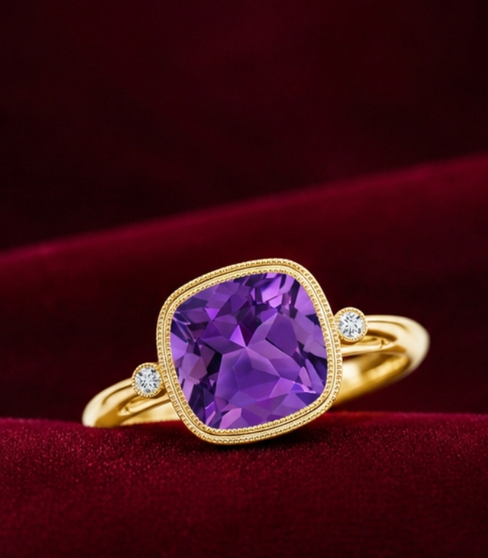 Yellow Gold Cushion Amethyst Ring | Bezel Set Purple Gemstone Ring | Vintage Milgrain Jewellery Yellow Gold Cushion Amethyst Ring | Bezel Set Purple Gemstone Ring | Vintage Milgrain Jewellery