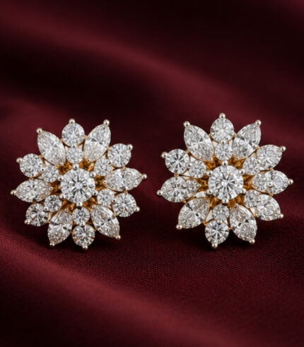 Yellow Gold Diamond Floral Stud Earrings | Elegant Statement Gold Earrings