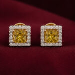 Yellow Gold Square Diamond Stud Earrings | Minimal Designer Gold Earrings