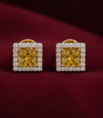 Yellow Gold Square Diamond Stud Earrings | Minimal Designer Gold Earrings