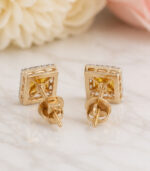 Yellow Gold Square Diamond Stud Earrings | Minimal Designer Gold Earrings - Image 3