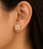 Yellow Gold Square Diamond Stud Earrings | Minimal Designer Gold Earrings - Image 2