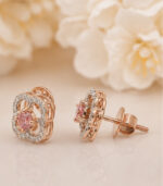 Rose Gold Diamond Floral Stud Earrings for Women | Designer Gold Earrings - Image 4