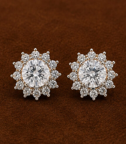 Yellow Gold Diamond Floral Stud Earrings for Women | Designer Cluster Gold Earrings