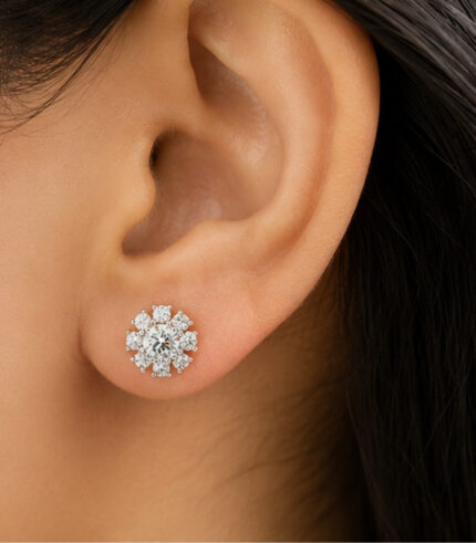 Yellow Gold Diamond Cluster Stud Earrings for Women | Elegant Fine Gold Jewellery
