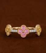 Rose Gold Pink Stone Floral Ring for Women | Designer Diamond Gold Ring
