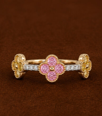 Rose Gold Pink Stone Floral Ring for Women | Designer Diamond Gold Ring