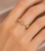 Rose Gold Pink Stone Floral Ring for Women | Designer Diamond Gold Ring - Image 3