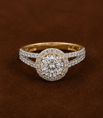 Yellow Gold Diamond Ring | Elegant Halo Style Gold Ring for Women | Designer Fine Jewellery