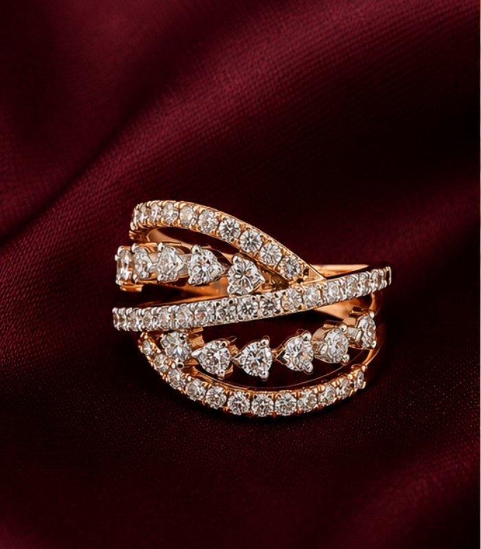 Rose Gold Diamond Designer Ring for Women | Contemporary Criss-Cross Gold Ring | Elegant Fine Jewellery Rose Gold Diamond Designer Ring for Women | Contemporary Criss-Cross Gold Ring | Elegant Fine Jewellery