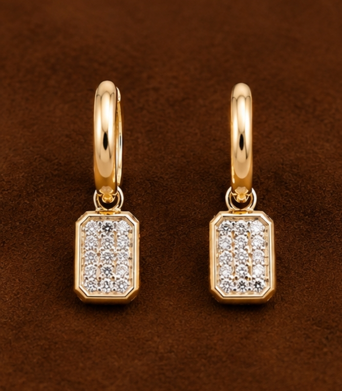 Yellow Gold Diamond Drop Earrings for Women | Rectangular Dangle Gold Earrings | Elegant Fine Jewellery